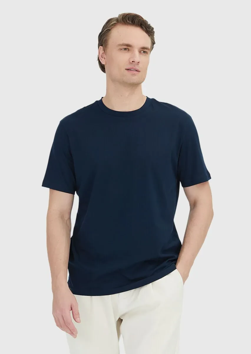 Lacivert Düz Bisiklet Yaka %100 Pamuk T-Shirt - 1