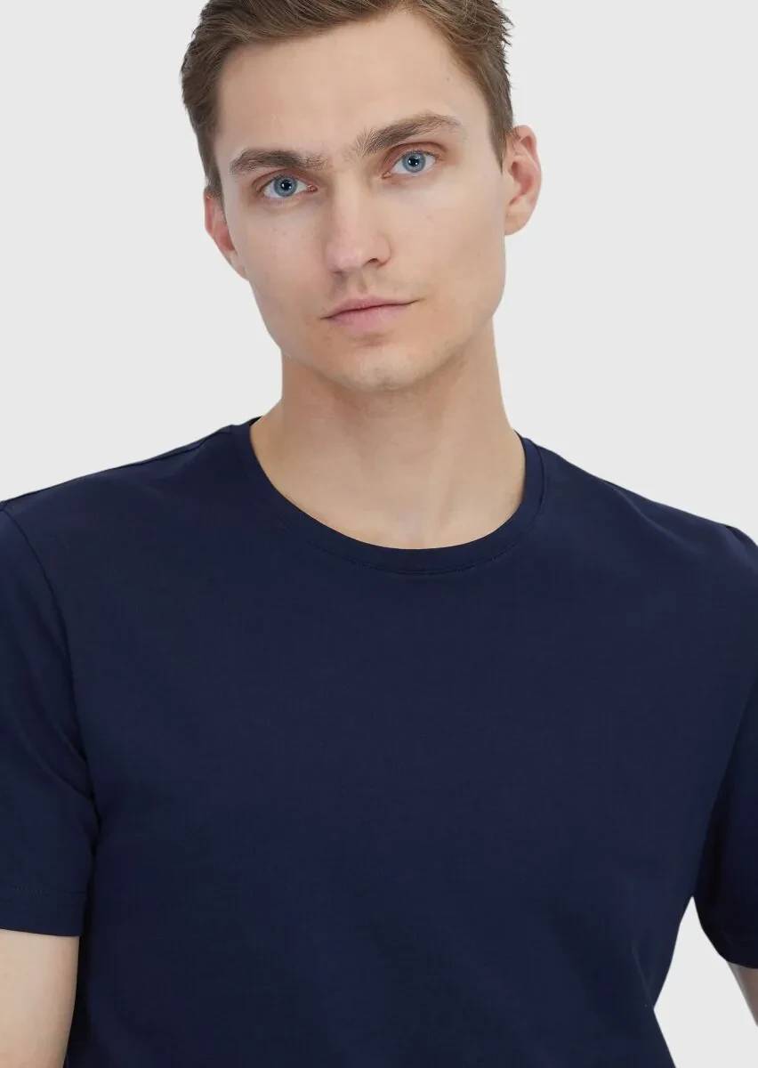 Lacivert Düz Bisiklet Yaka %100 Pamuk T-Shirt - 3