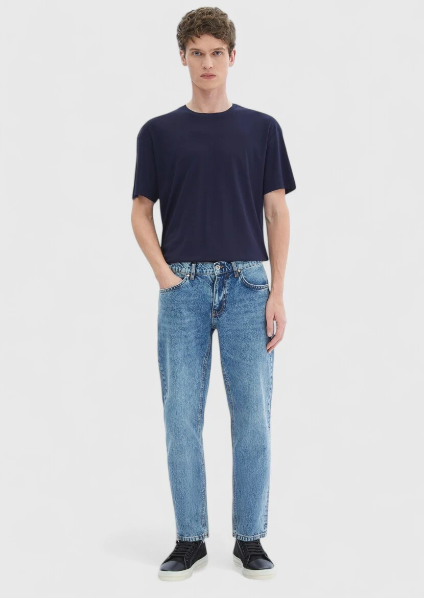 Lacivert Düz Bisiklet Yaka T-Shirt 