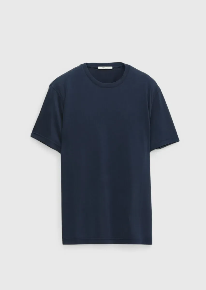 Lacivert Düz Bisiklet Yaka T-Shirt - 6