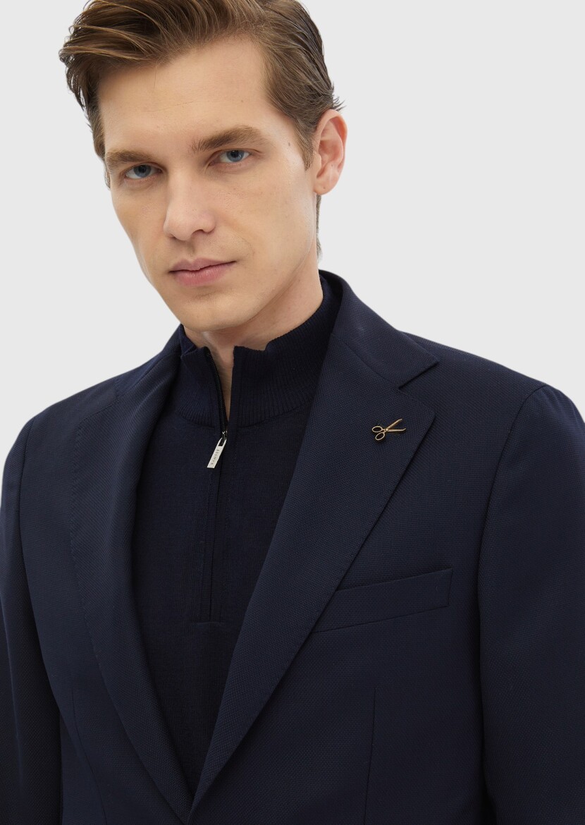 Lacivert Düz Comfort Fit %100 Yün Ceket - 4