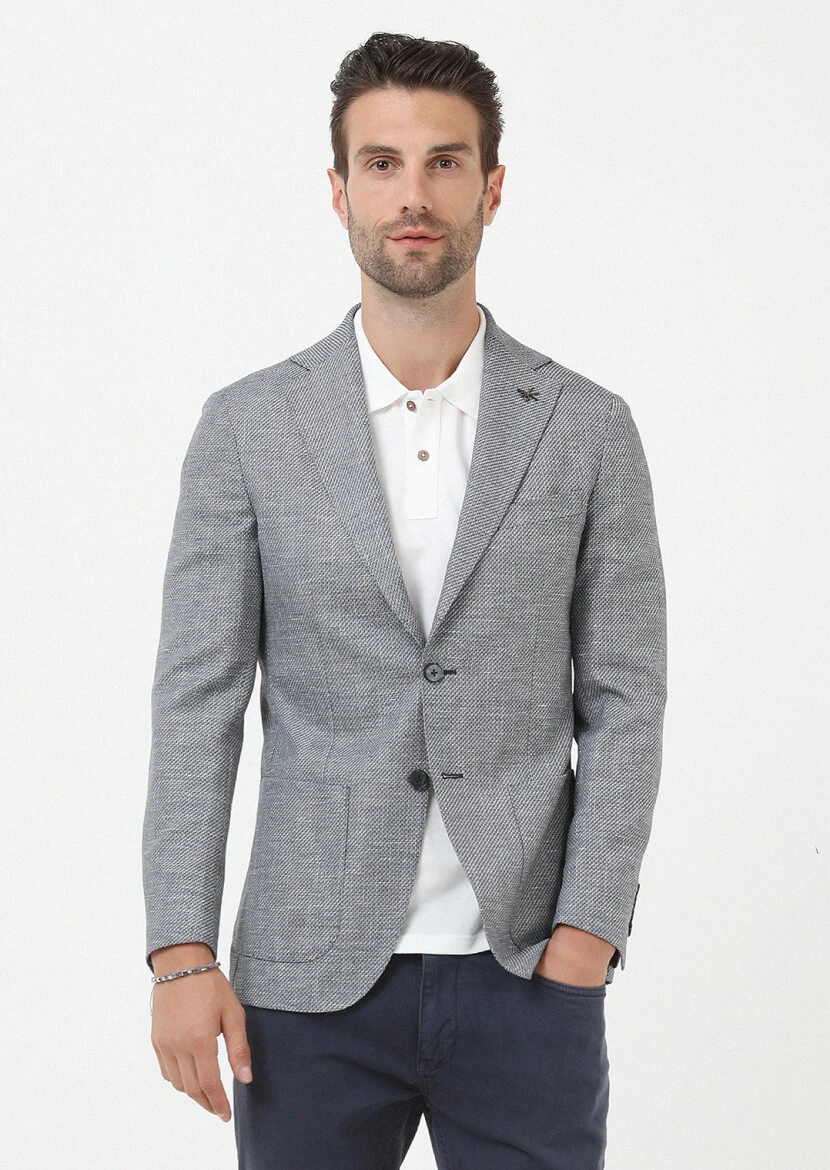 Lacivert Düz Comfort Fit Keten Karışımlı Ceket - 1