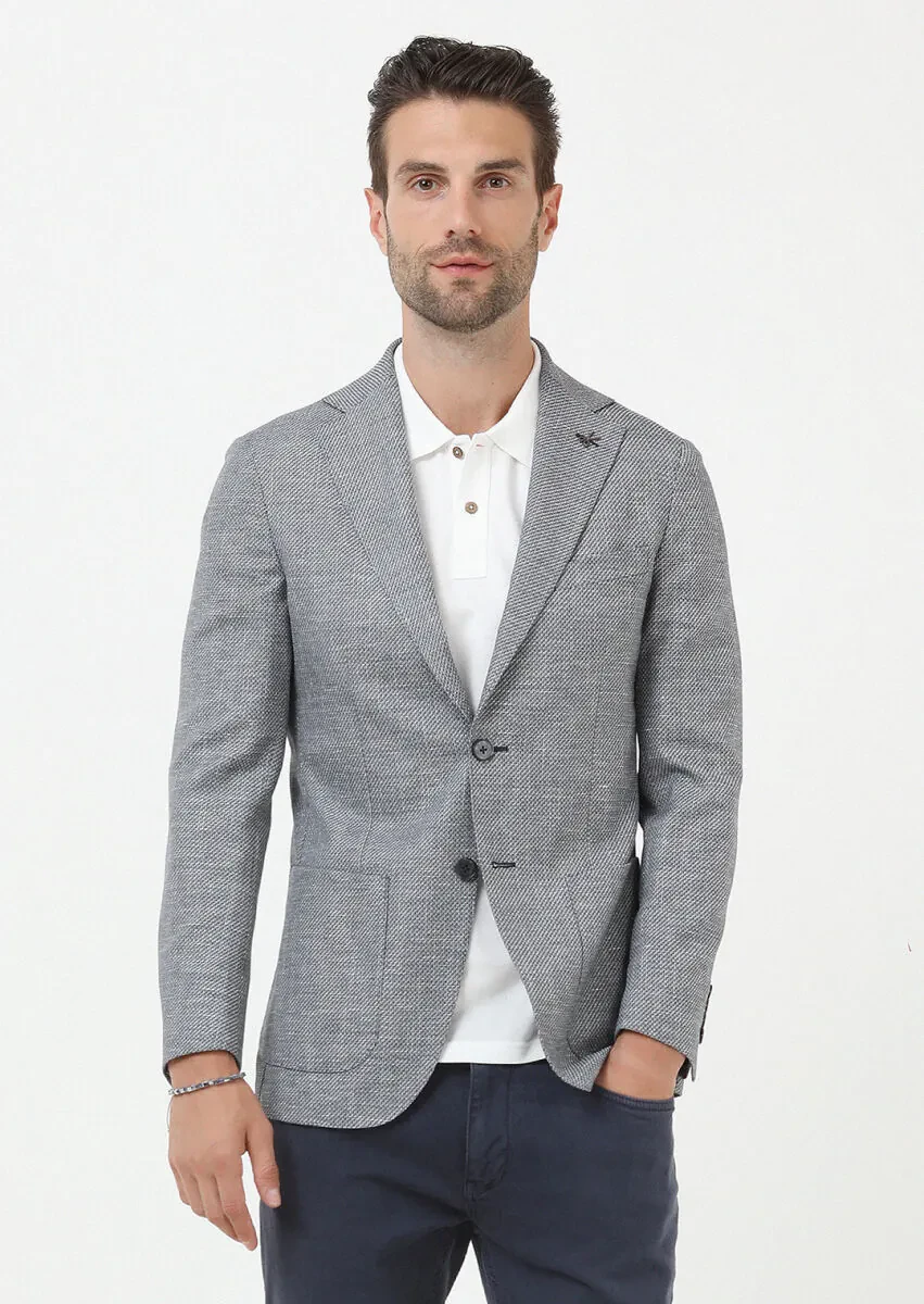 Lacivert Düz Comfort Fit Keten Karışımlı Ceket - 1