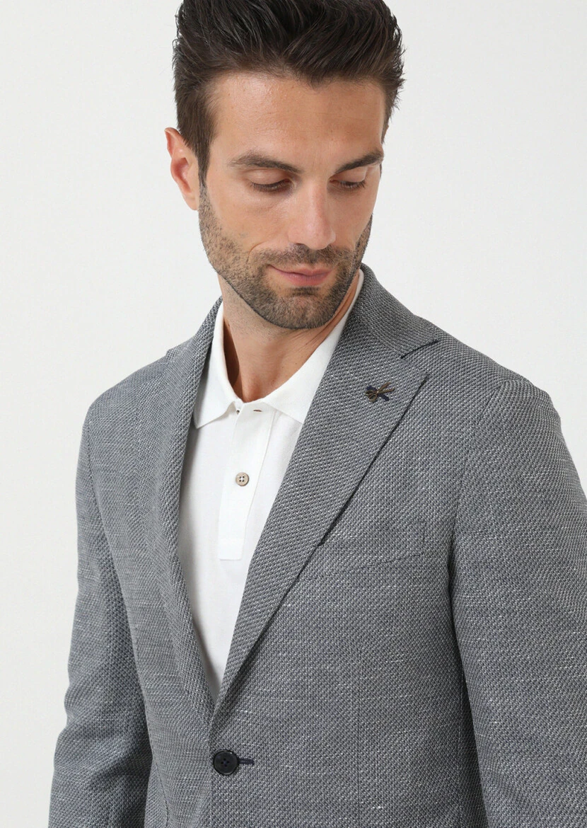 Lacivert Düz Comfort Fit Keten Karışımlı Ceket - 2