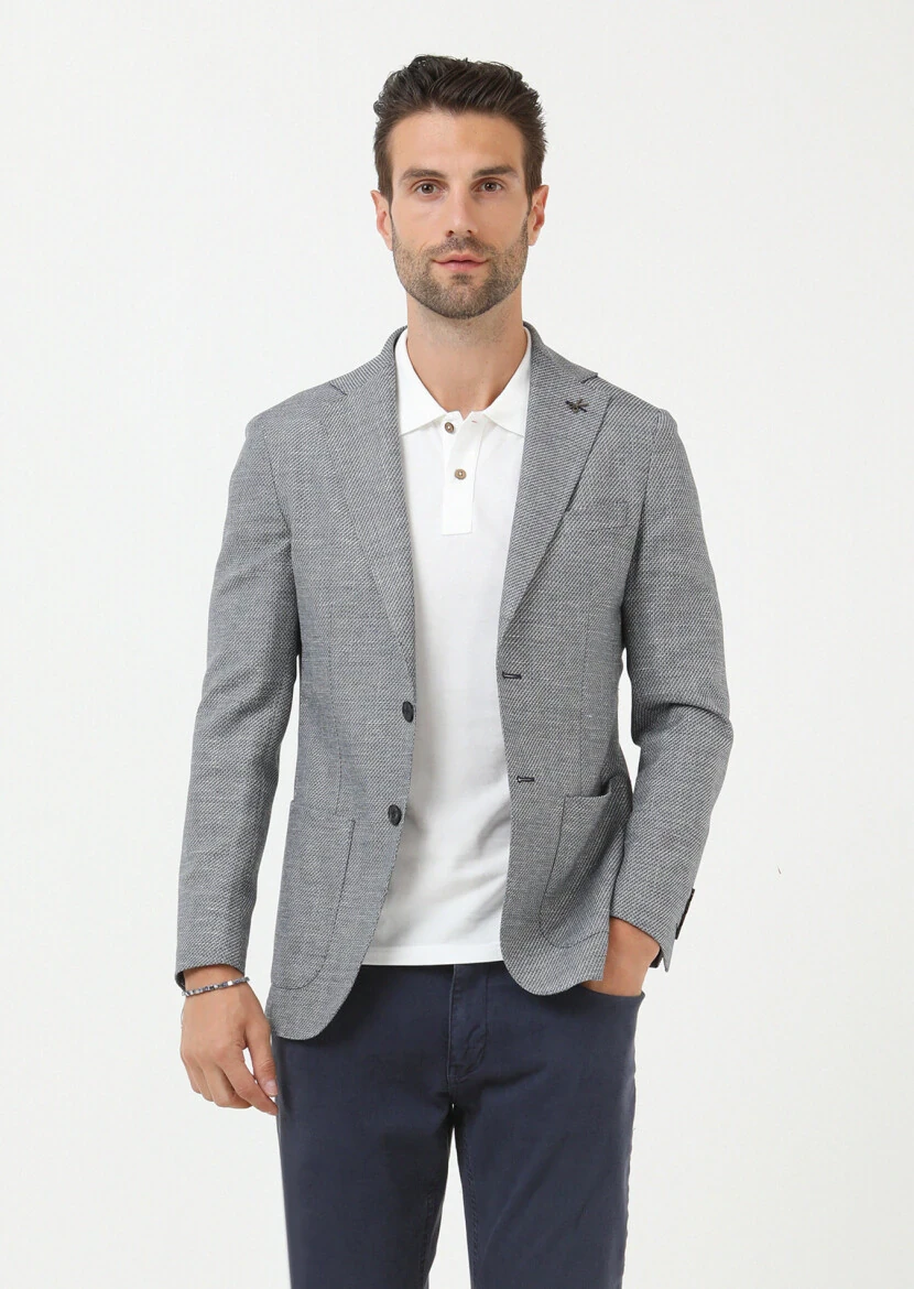 Lacivert Düz Comfort Fit Keten Karışımlı Ceket - 3