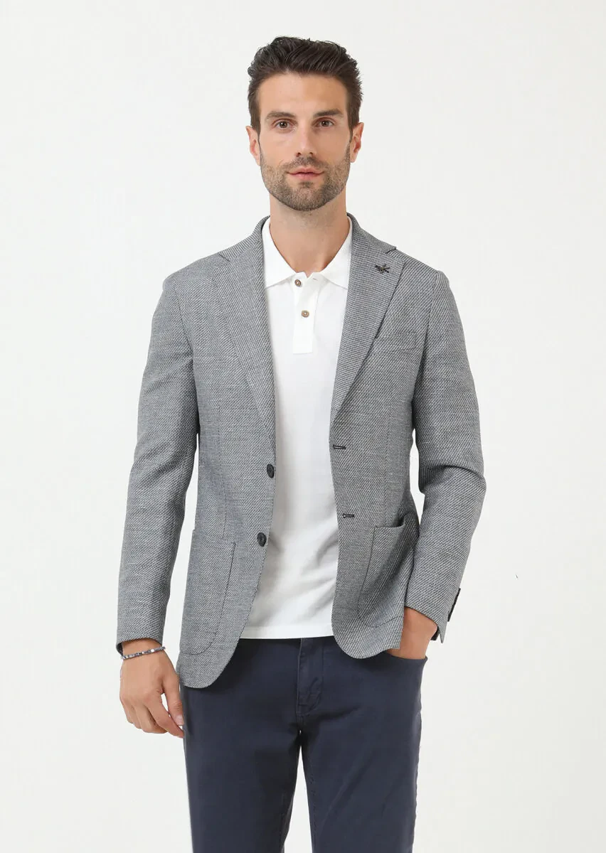 Lacivert Düz Comfort Fit Keten Karışımlı Ceket - 3