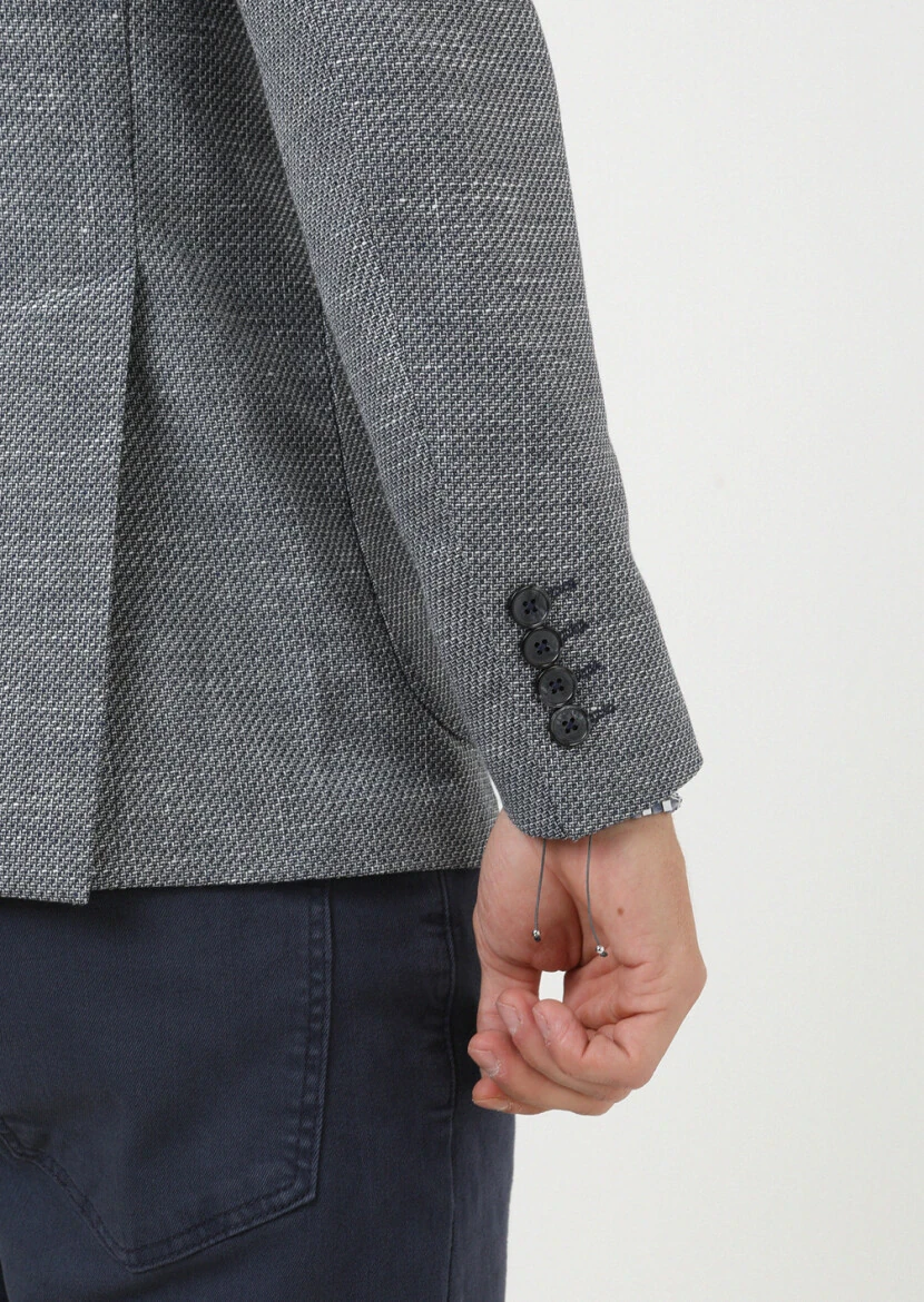 Lacivert Düz Comfort Fit Keten Karışımlı Ceket - 4