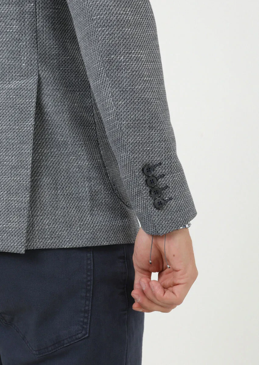 Lacivert Düz Comfort Fit Keten Karışımlı Ceket - 4