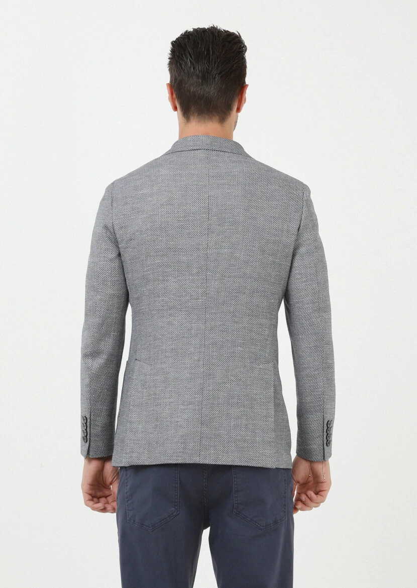 Lacivert Düz Comfort Fit Keten Karışımlı Ceket - 5
