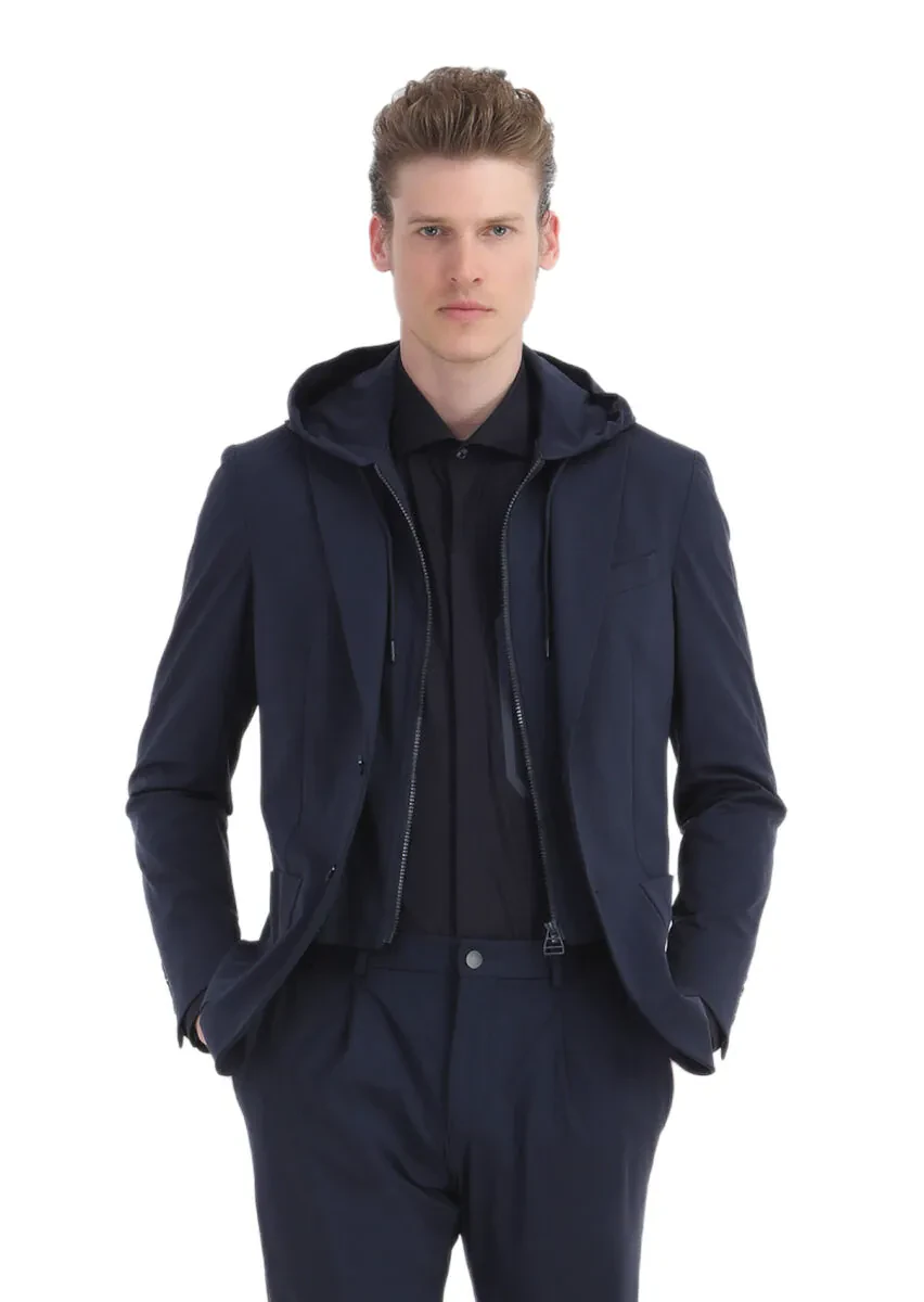 Lacivert Düz Comfort Fit Örme Takım Elbise - 3