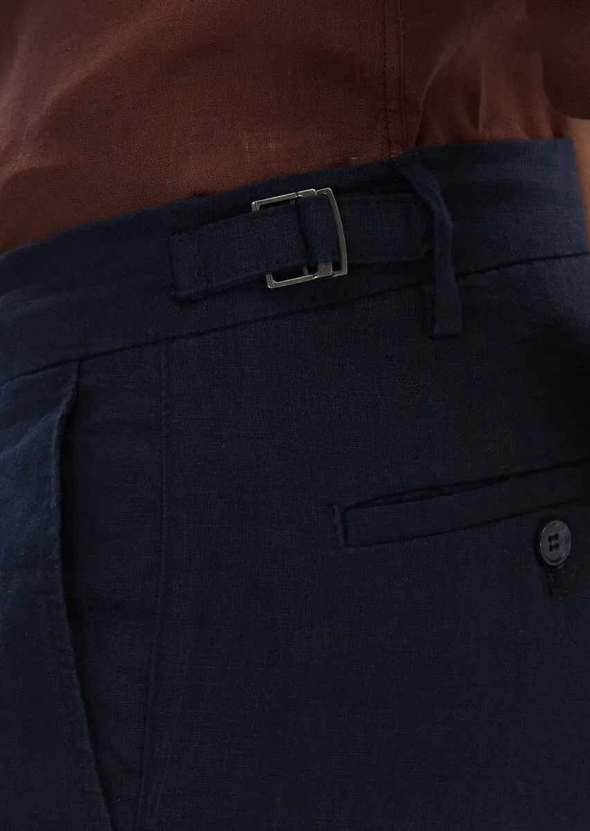 Lacivert Düz Dokuma Carrot Fit Casual %100 Keten Bermuda - 5
