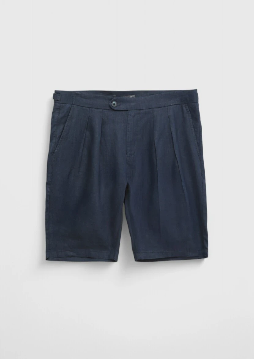 Lacivert Düz Dokuma Carrot Fit Casual %100 Keten Bermuda - 6