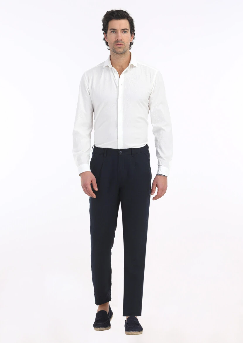 Lacivert Düz Dokuma Jogging Fit Casual %100 Keten Pantolon - 1