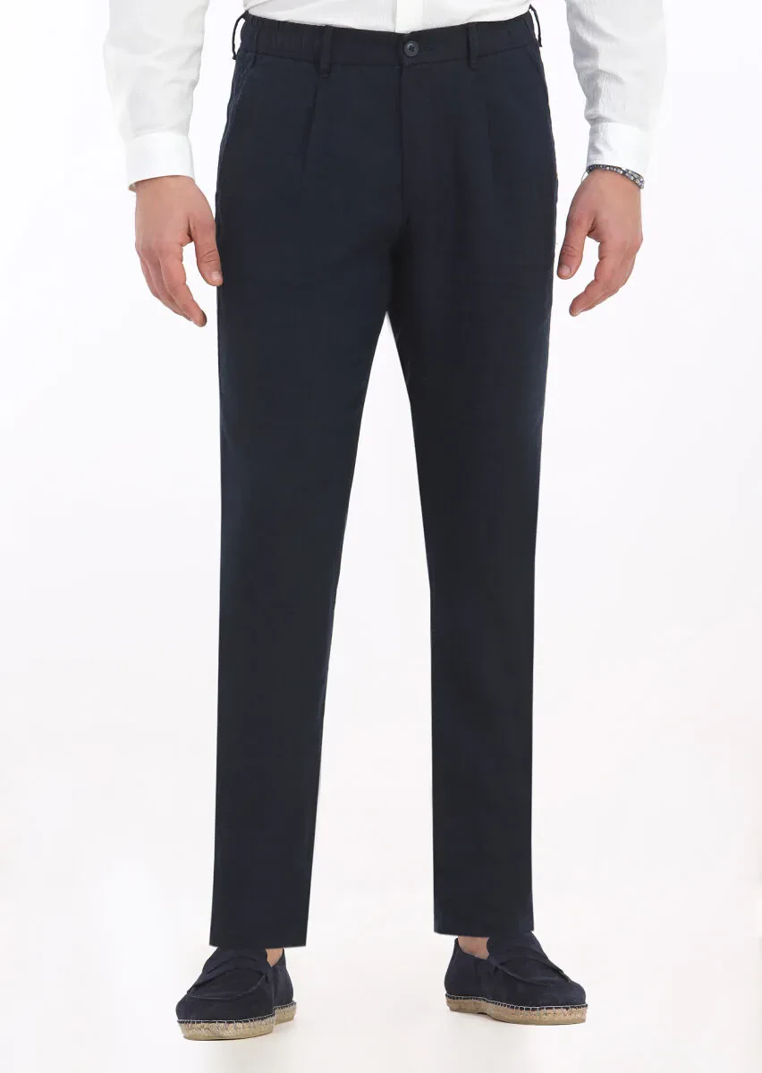 Lacivert Düz Dokuma Jogging Fit Casual %100 Keten Pantolon - 2