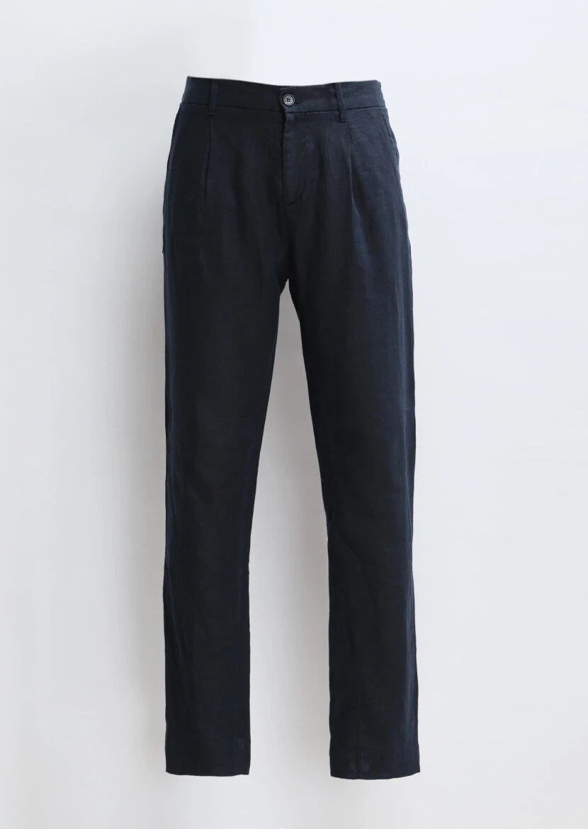 Lacivert Düz Dokuma Jogging Fit Casual %100 Keten Pantolon - 7