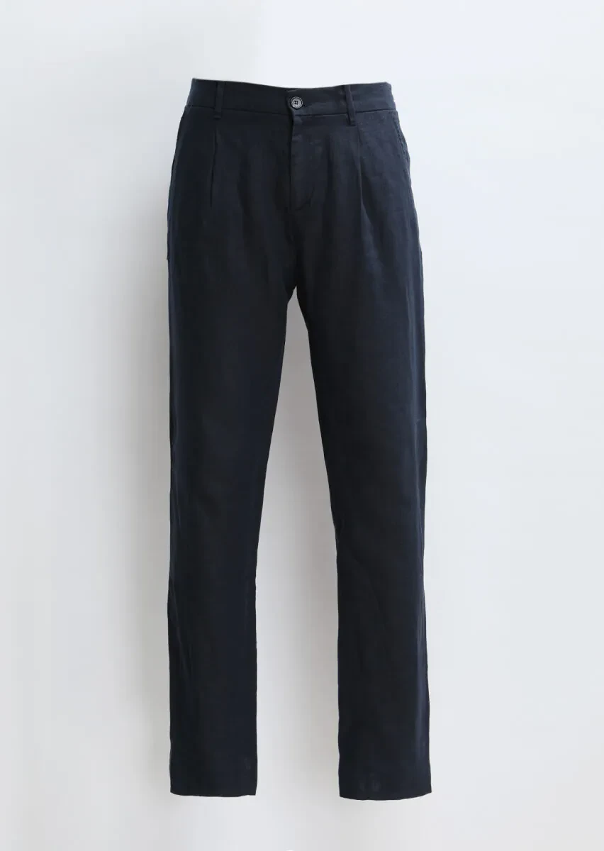 Lacivert Düz Dokuma Jogging Fit Casual %100 Keten Pantolon - 7