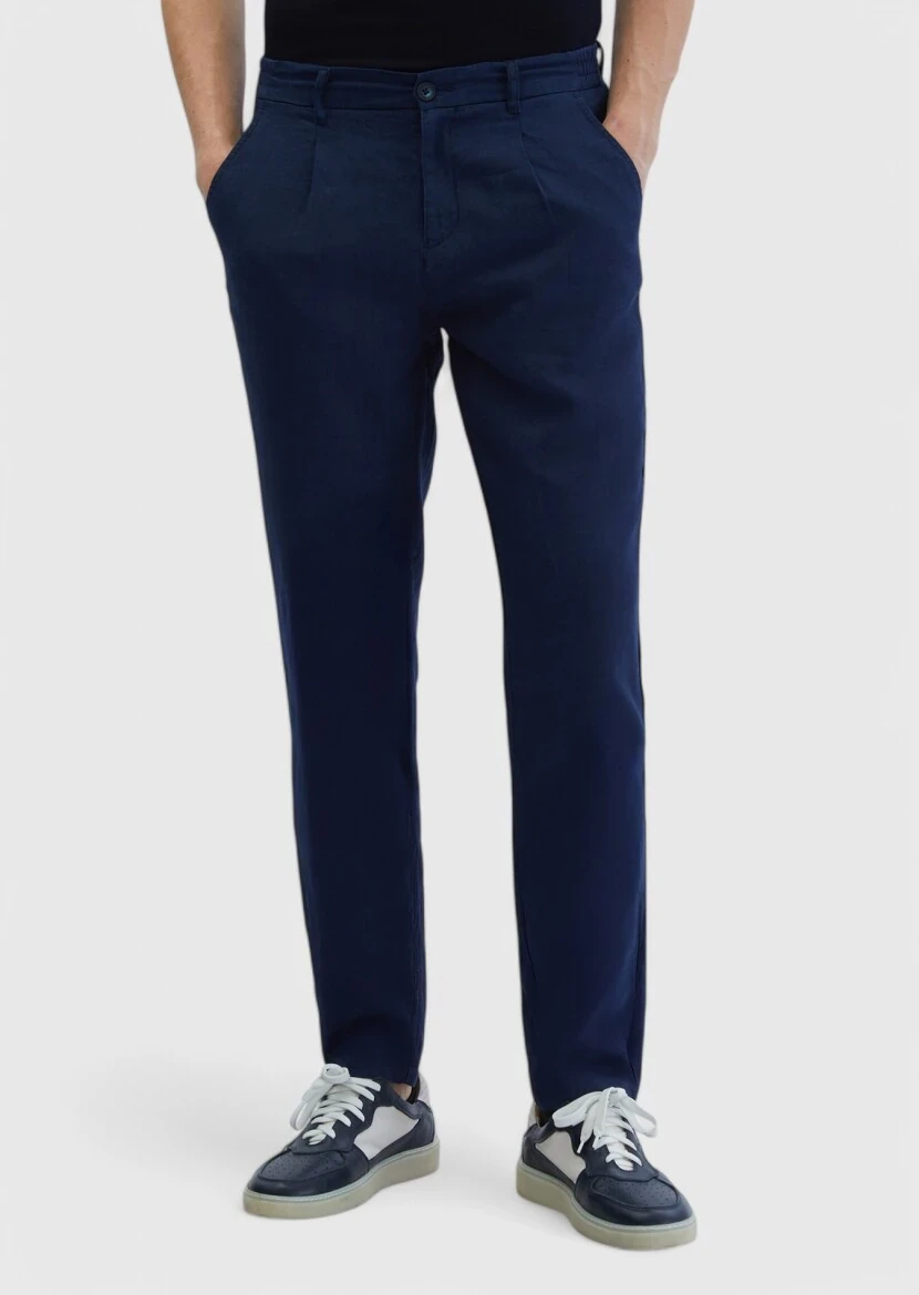 Lacivert Düz Dokuma Jogging Fit Casual %100 Keten Pantolon - RAMSEY