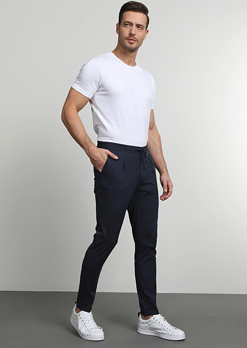 Lacivert Düz Dokuma Jogging Fit Casual Pamuk Karışımlı Pantolon - 1