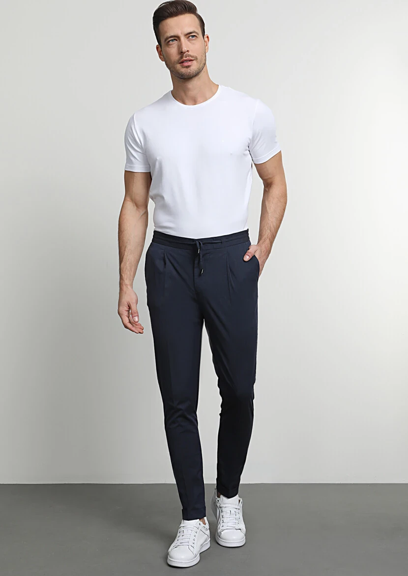 Lacivert Düz Dokuma Jogging Fit Casual Pamuk Karışımlı Pantolon - 3