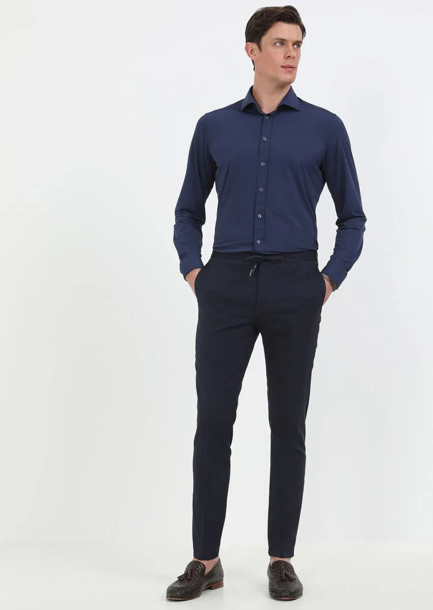 Lacivert Düz Dokuma Jogging Fit Spor Yün Karışımlı Pantolon - 1