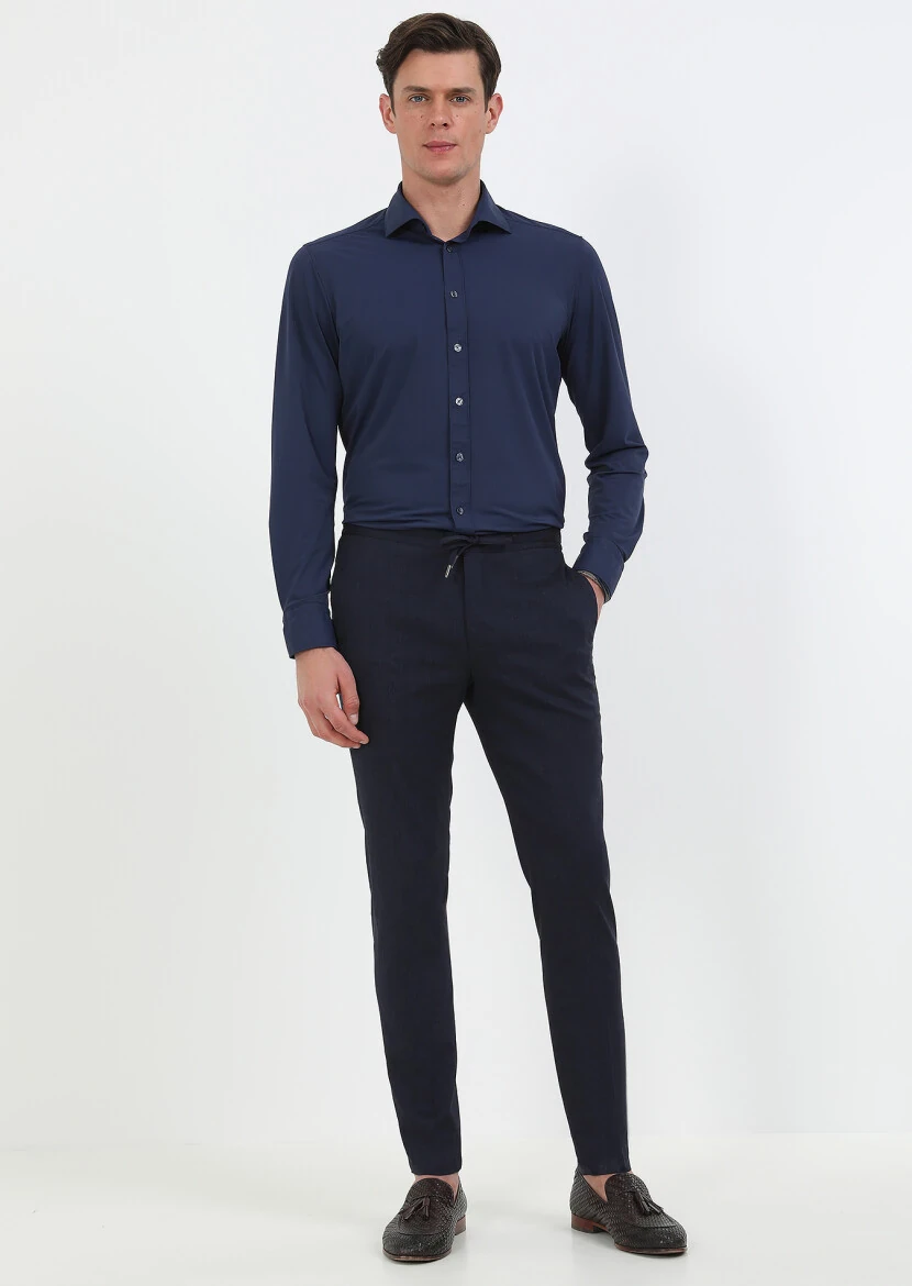 Lacivert Düz Dokuma Jogging Fit Spor Yün Karışımlı Pantolon - 2