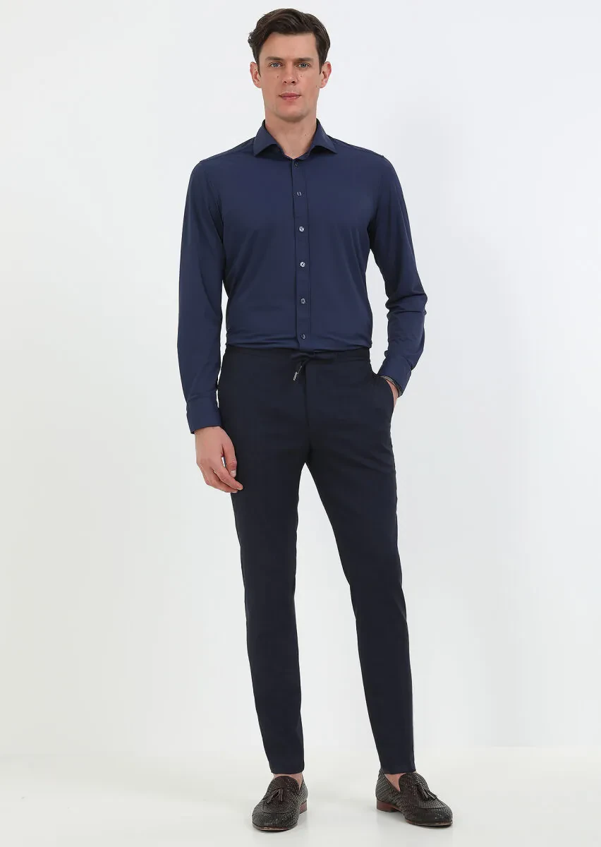 Lacivert Düz Dokuma Jogging Fit Spor Yün Karışımlı Pantolon - 2