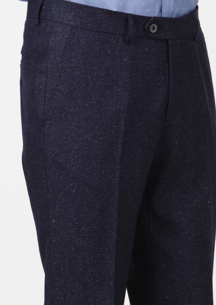 Lacivert Düz Dokuma Modern Fit Klasik İpek Karışımlı Pantolon - 3