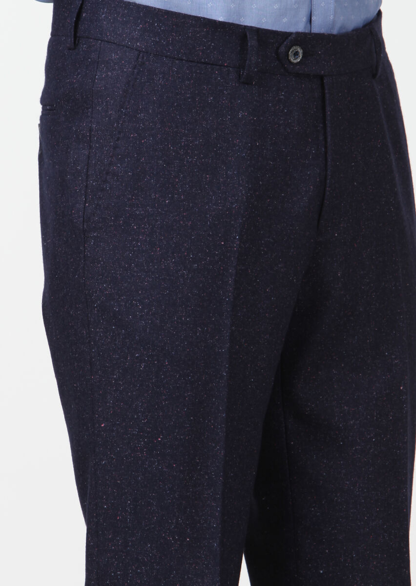 Lacivert Düz Dokuma Modern Fit Klasik İpek Karışımlı Pantolon - 3