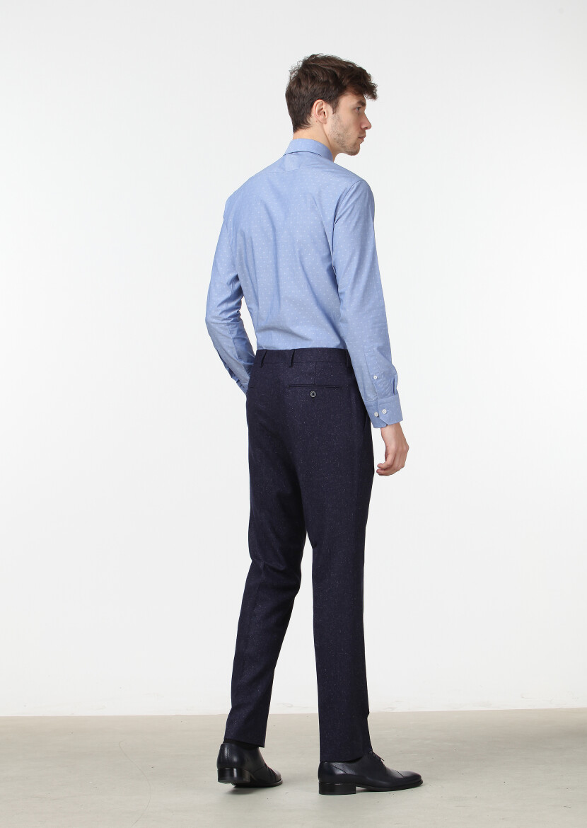 Lacivert Düz Dokuma Modern Fit Klasik İpek Karışımlı Pantolon - 4