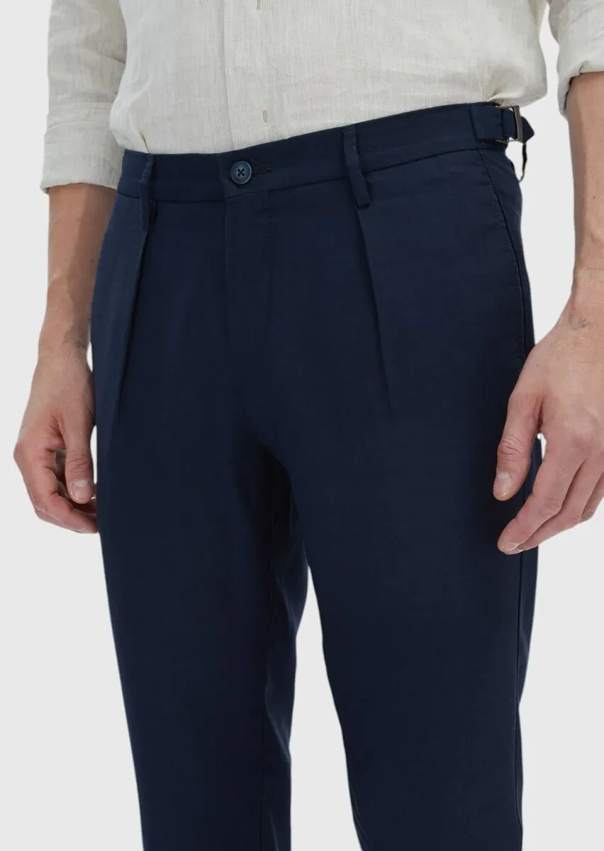 Lacivert Düz Dokuma Regular Fit Casual Keten Karışımlı Pantolon - 3