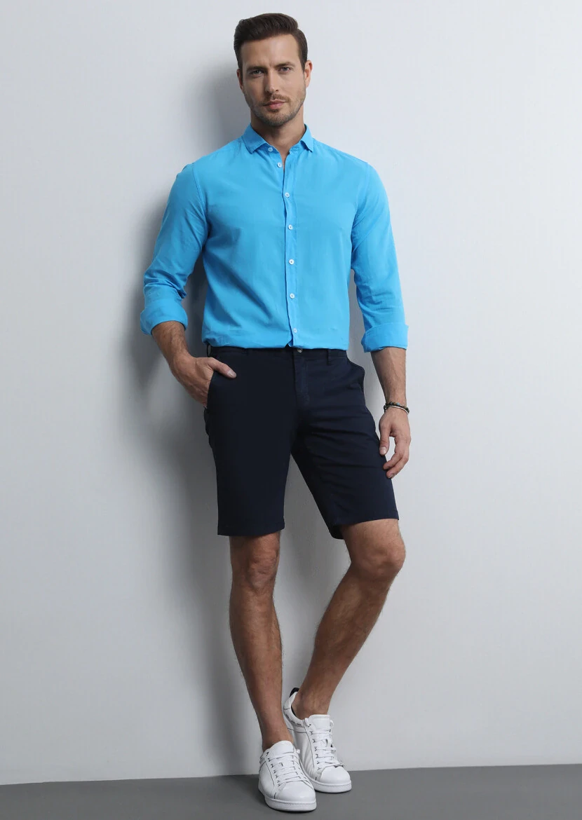 Lacivert Düz Dokuma Regular Fit Casual Pamuk Karışımlı Bermuda - 1