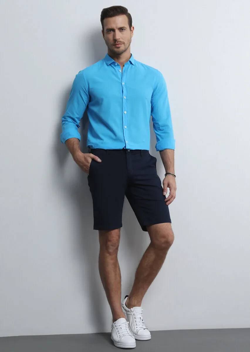 Lacivert Düz Dokuma Regular Fit Casual Pamuk Karışımlı Bermuda - 1