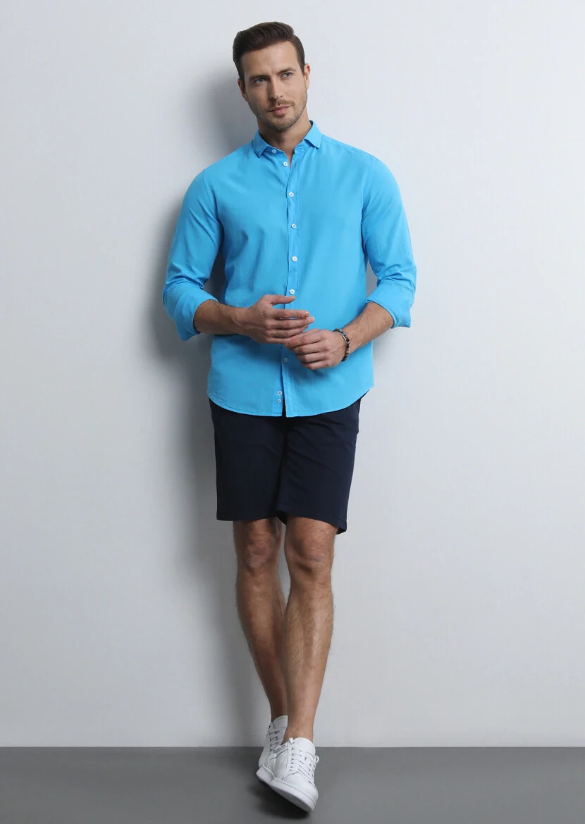 Lacivert Düz Dokuma Regular Fit Casual Pamuk Karışımlı Bermuda 