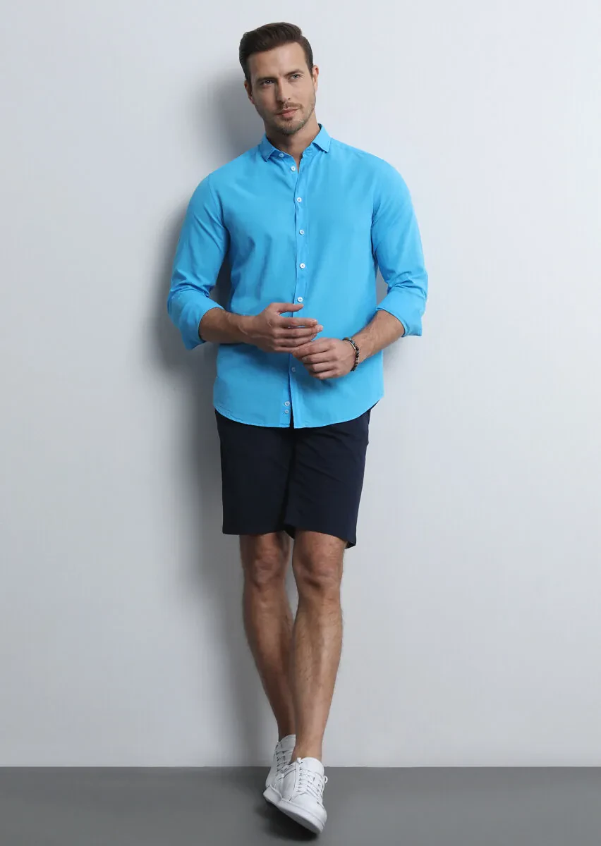 Lacivert Düz Dokuma Regular Fit Casual Pamuk Karışımlı Bermuda - 2