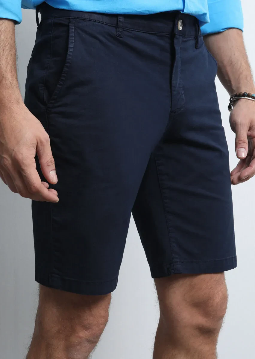 Lacivert Düz Dokuma Regular Fit Casual Pamuk Karışımlı Bermuda - 3