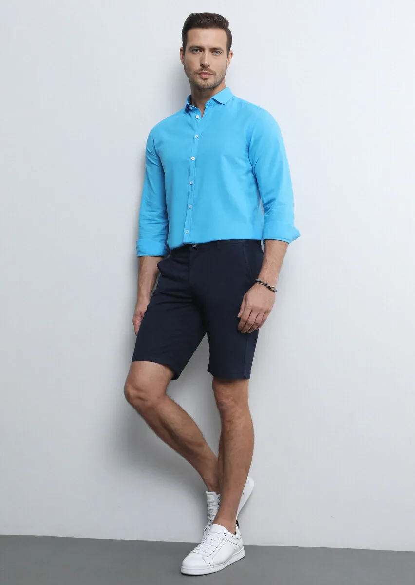 Lacivert Düz Dokuma Regular Fit Casual Pamuk Karışımlı Bermuda - 4