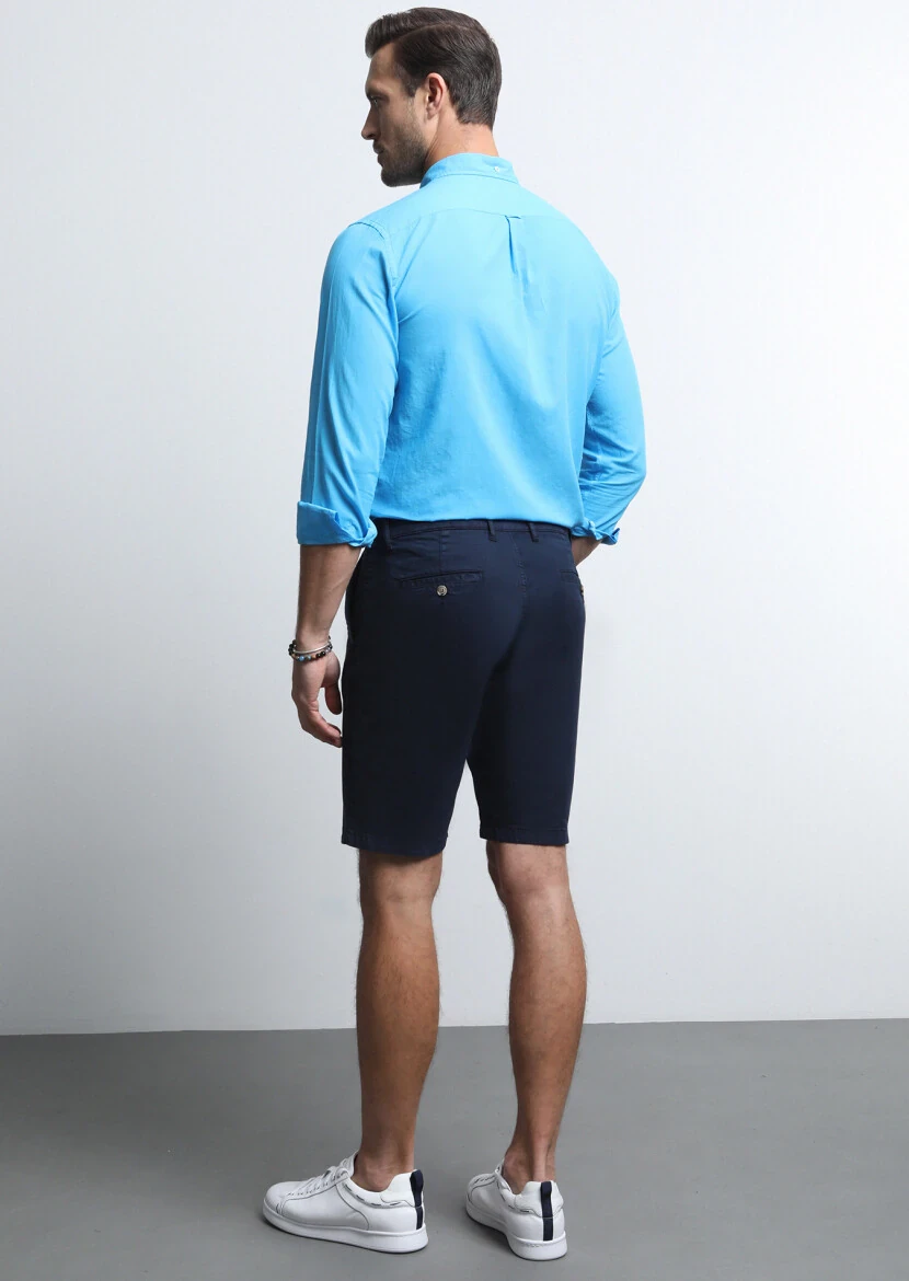 Lacivert Düz Dokuma Regular Fit Casual Pamuk Karışımlı Bermuda - 5