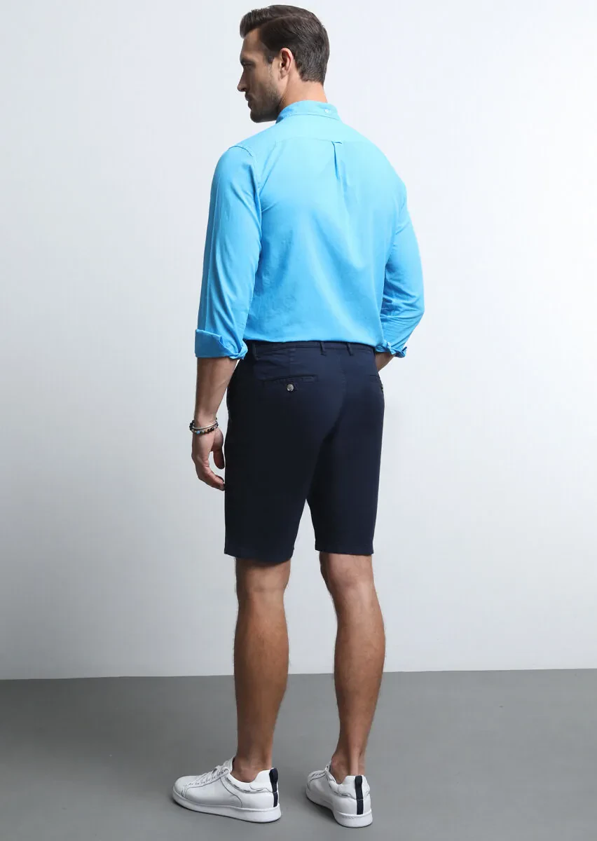 Lacivert Düz Dokuma Regular Fit Casual Pamuk Karışımlı Bermuda - 5