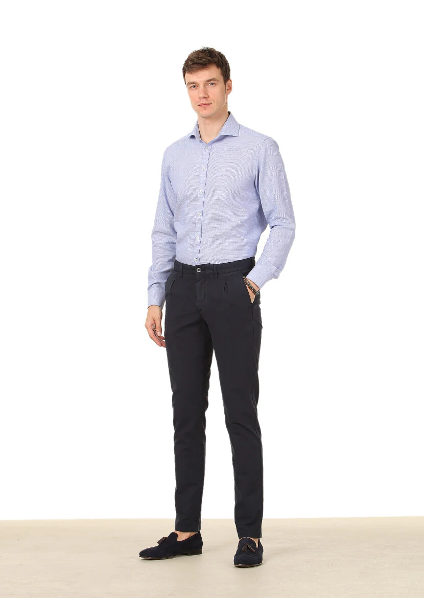 Lacivert Düz Dokuma Regular Fit Casual Pamuk Karışımlı Pantolon - 1