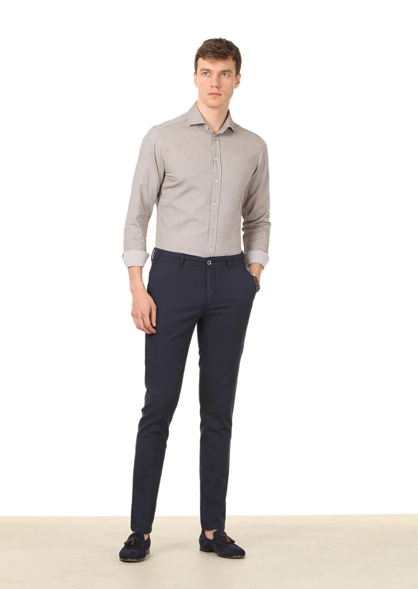 Lacivert Düz Dokuma Regular Fit Casual Pamuk Karışımlı Pantolon - 3