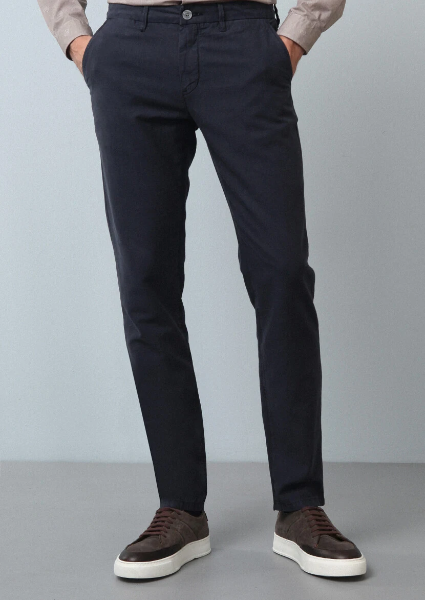 Lacivert Düz Dokuma Regular Fit Casual Pamuk Karışımlı Pantolon - 2