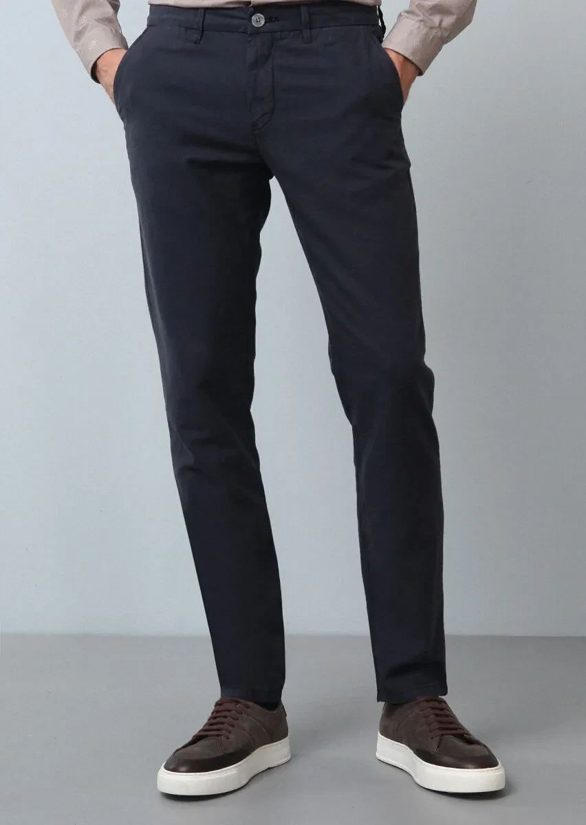 Lacivert Düz Dokuma Regular Fit Casual Pamuk Karışımlı Pantolon - 2