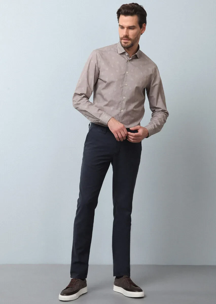 Lacivert Düz Dokuma Regular Fit Casual Pamuk Karışımlı Pantolon - 4