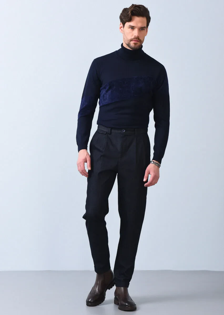 Lacivert Düz Dokuma Regular Fit Casual Pamuk Karışımlı Pantolon - 2