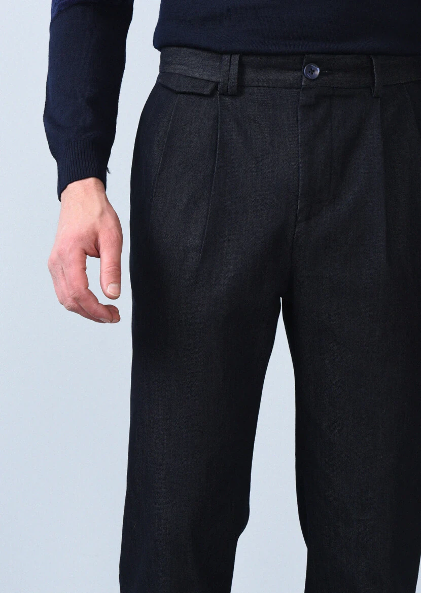 Lacivert Düz Dokuma Regular Fit Casual Pamuk Karışımlı Pantolon - 4