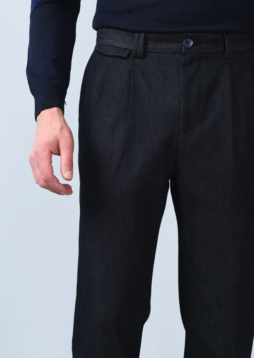 Lacivert Düz Dokuma Regular Fit Casual Pamuk Karışımlı Pantolon - 4