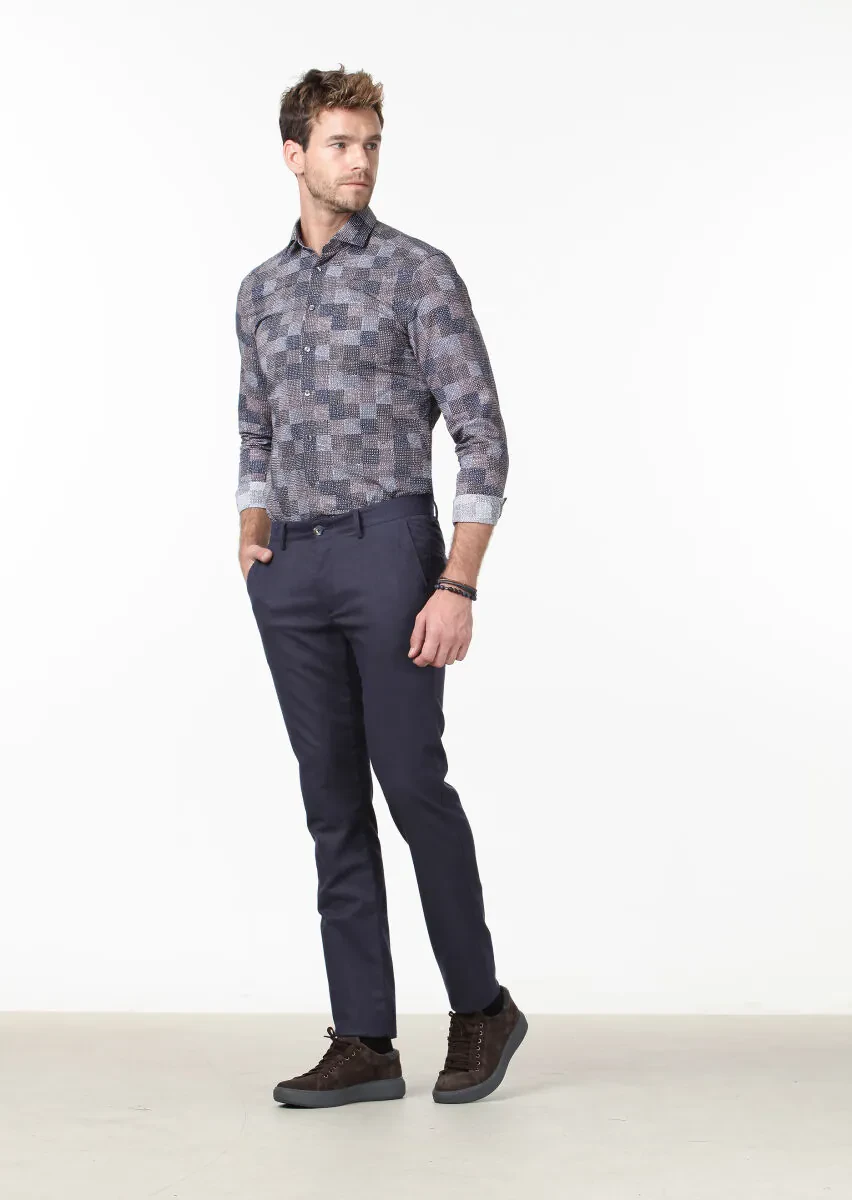 Lacivert Düz Dokuma Regular Fit Casual Pantolon - 1