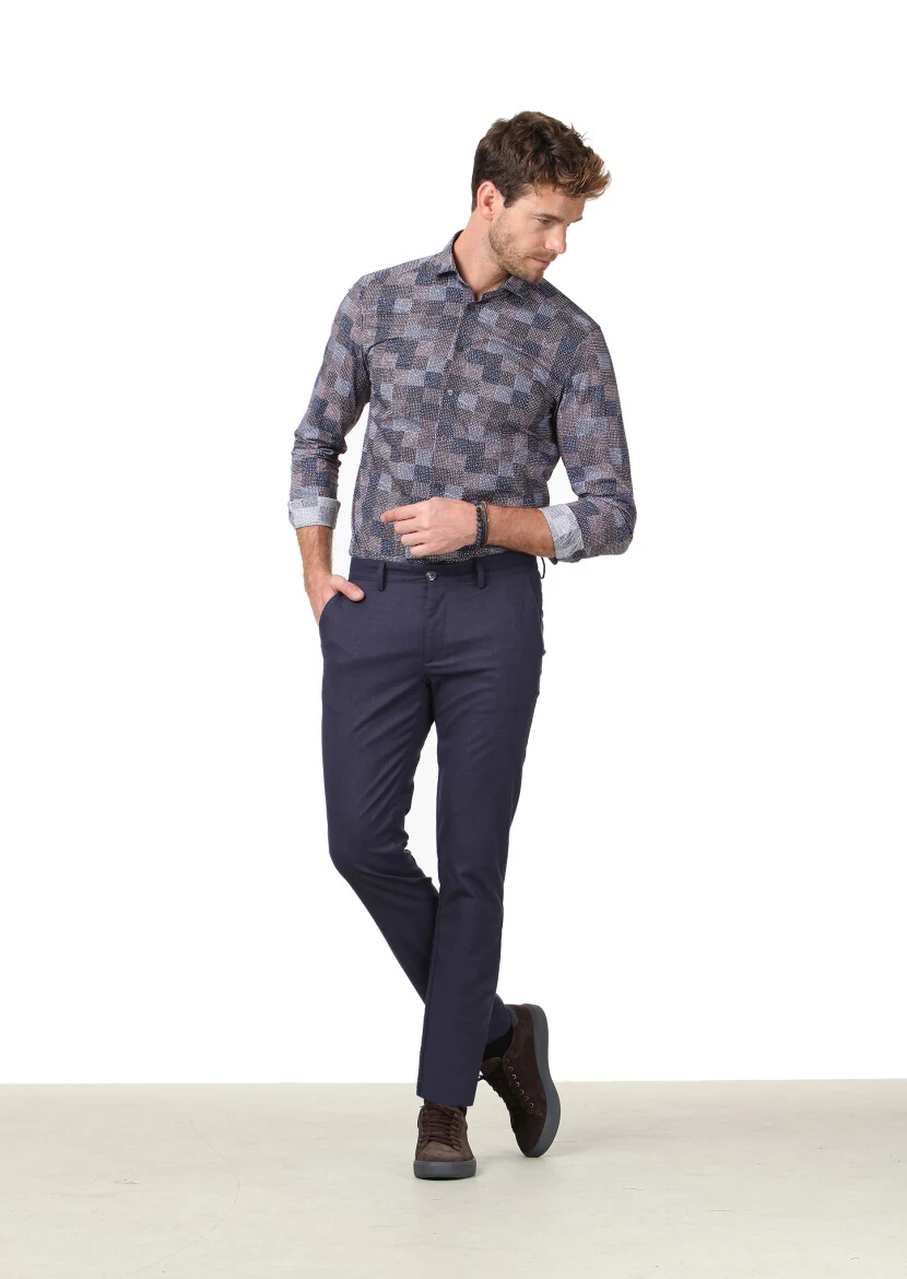 Lacivert Düz Dokuma Regular Fit Casual Pantolon 