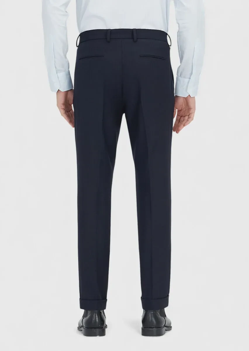 Lacivert Düz Dokuma Regular Fit Casual Yün Karışımlı Pantolon - 5