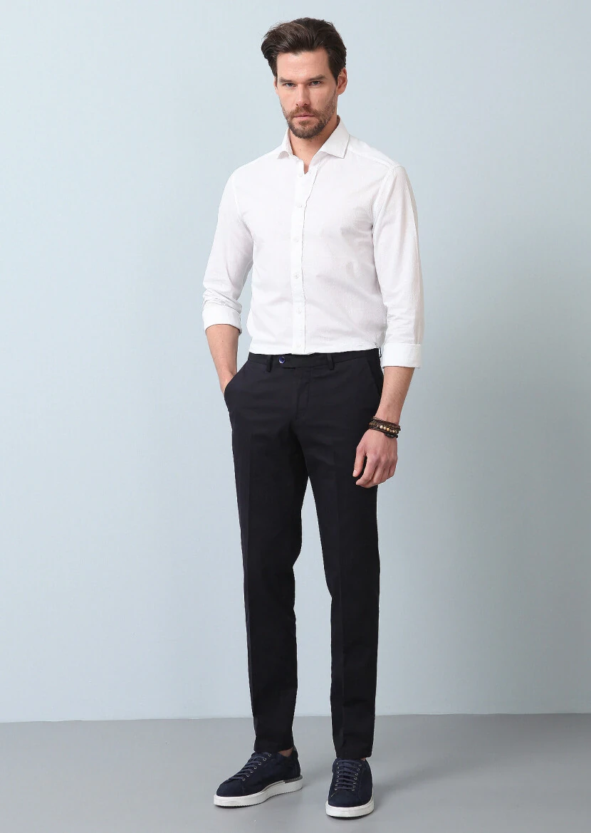 Lacivert Düz Dokuma Regular Fit Smart Casual Pamuk Karışımlı Pantolon 